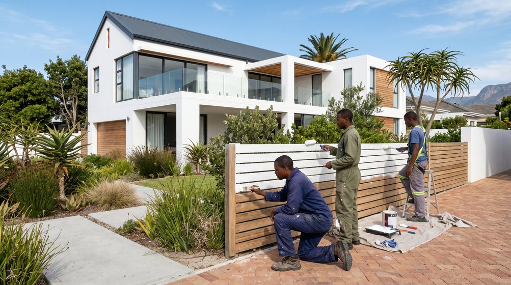 Professional fence painters painting a wooden fence at a Vredehoek home in Vredehoek