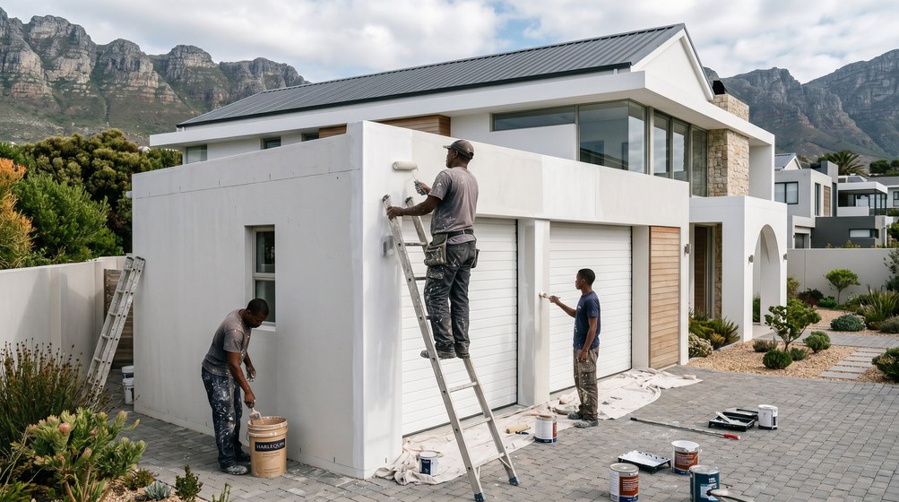 Professional painters painting a double garage exterior and garage doors in Vredehoek