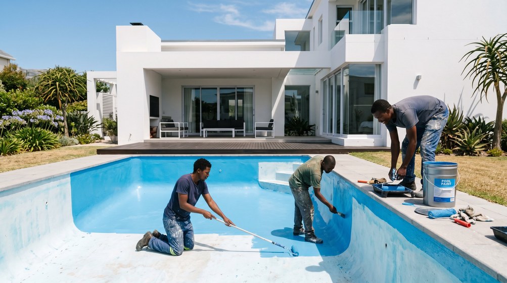 Professional pool painters applying blue pool paint to a swimming pool in Vredehoek
