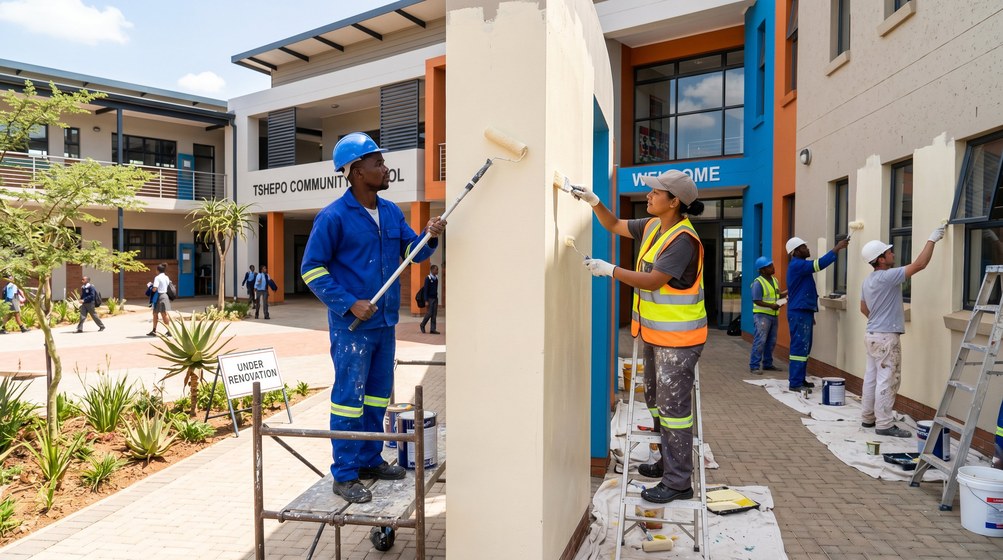 Professional school painting team painting a community school in Vredehoek