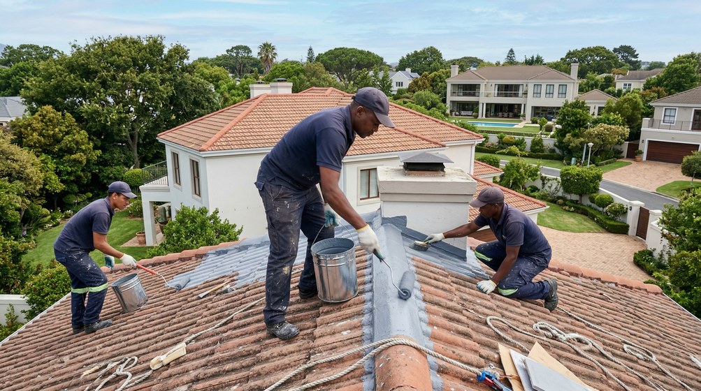 Professional waterproofing team applying membrane to roof in Vredehoek