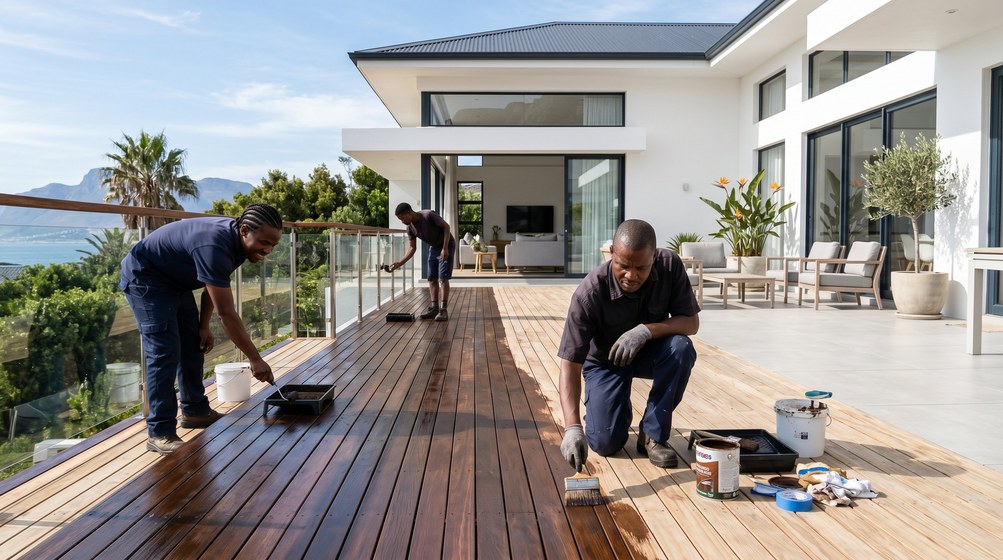 Professional wood staining team applying deck stain on a home in Vredehoek